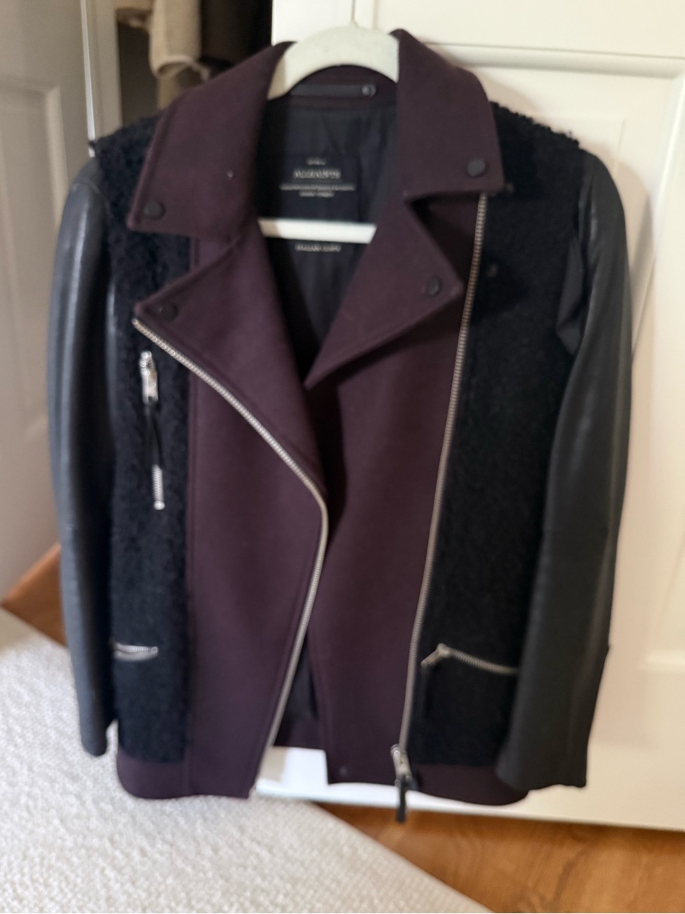 AllSaints Black & Deep Plum Mixed-Media Moto Jacket